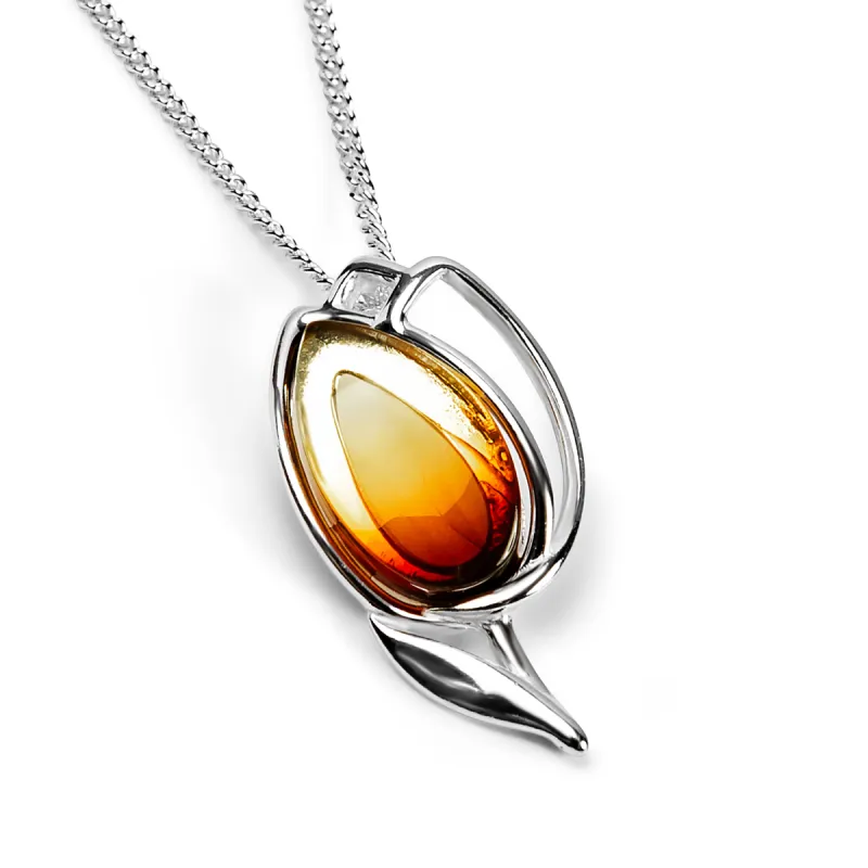 Sunset Tulip Flower Necklace in Silver & Amber sold by Henryka