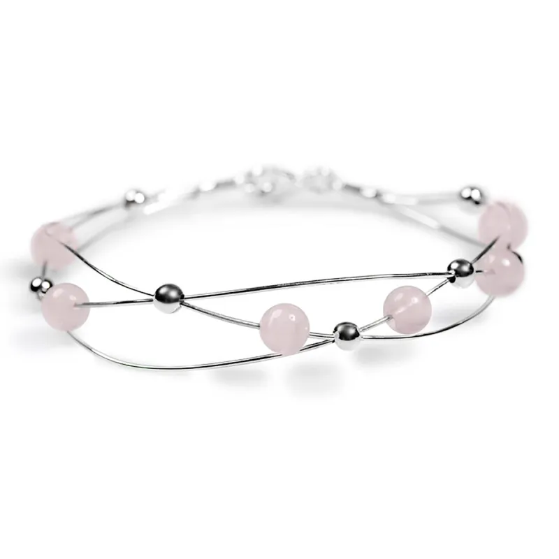 Weaved Bangle in Silver and Light Rose Quartz sold by Henryka