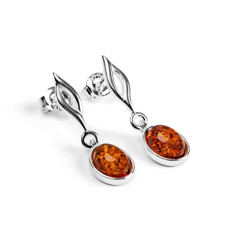 Oval Drop Earrings in Silver & Cognac Amber sold by Henryka