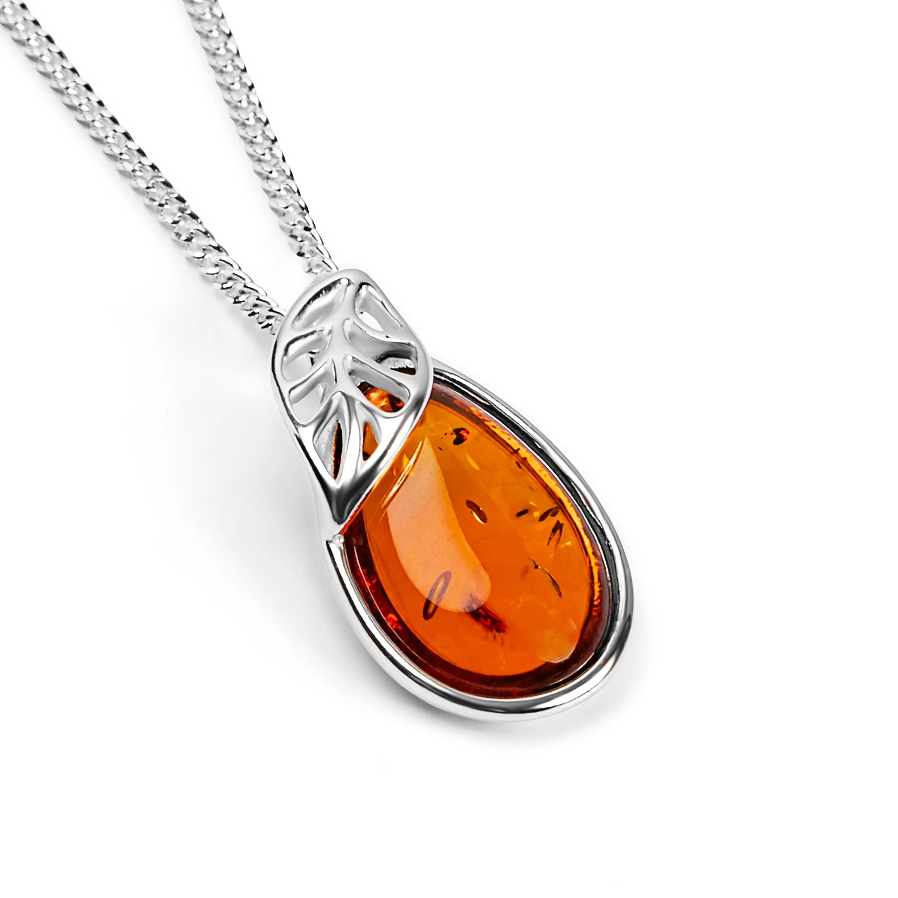 Teardrop with Leaf Necklace in Silver and Amber sold by Henryka