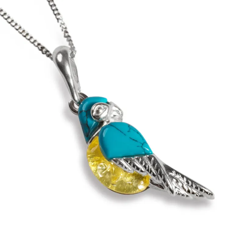 Parrot Necklace in Silver, Turquoise and Yellow Amber sold by Henryka