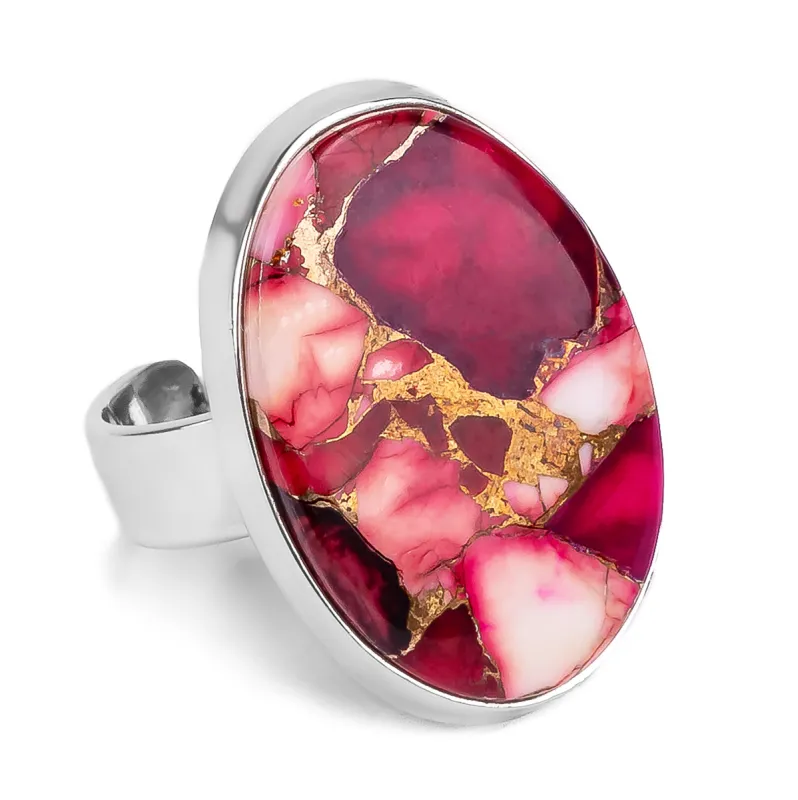 Oval Red Rose Dahlia Mohave Turquoise Statement Ring - Designer Gemstone sold by Henryka