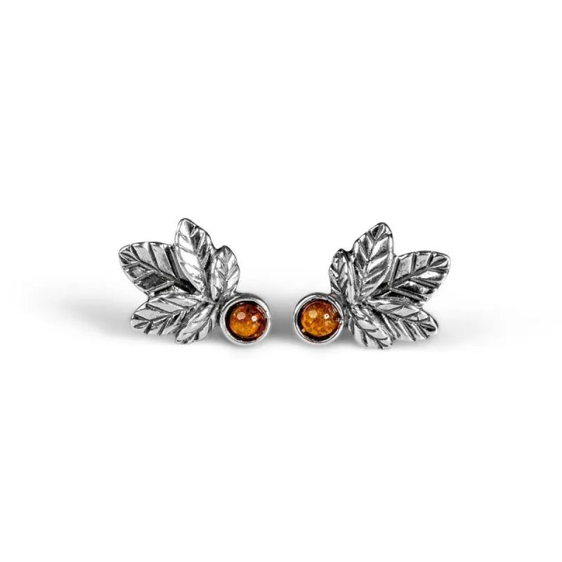 FREE GIFT | Sycamore Leaf Stud Earrings in Silver and Cognac Amber sold by Henryka
