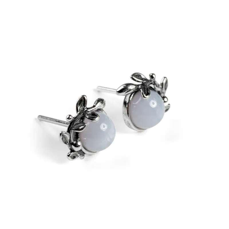 Leaf Motif Stud Earrings in Silver and Blue Lace Agate sold by Henryka