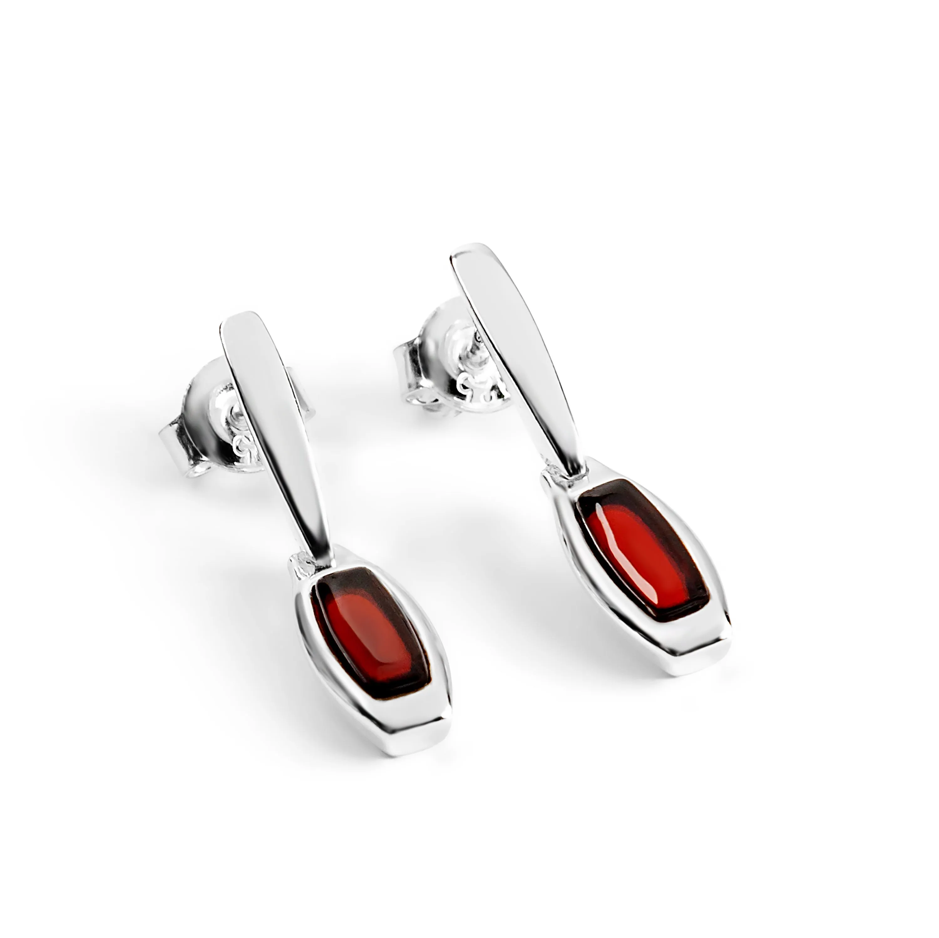 Oblong Drop Earrings in Silver & Cherry Amber sold by Henryka