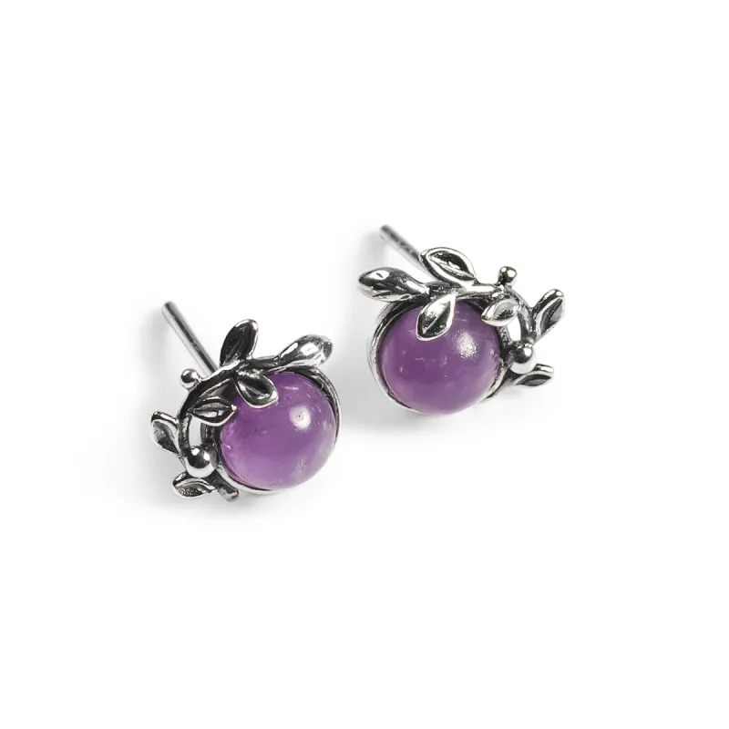 Leaf Motif Stud Earrings in Silver and Amethyst sold by Henryka