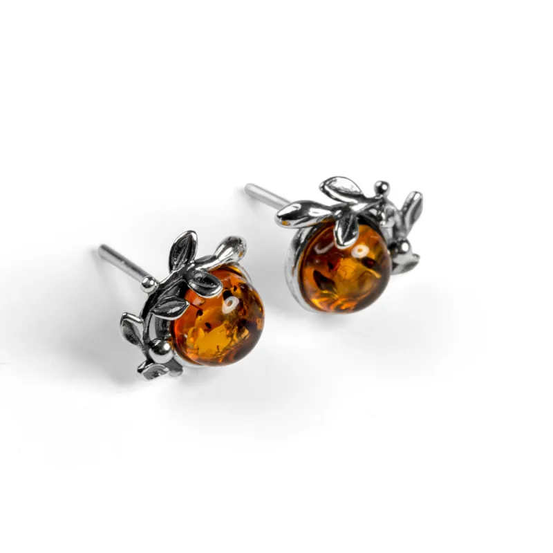 Leaf Motif Stud Earrings in Silver and Cognac Amber sold by Henryka