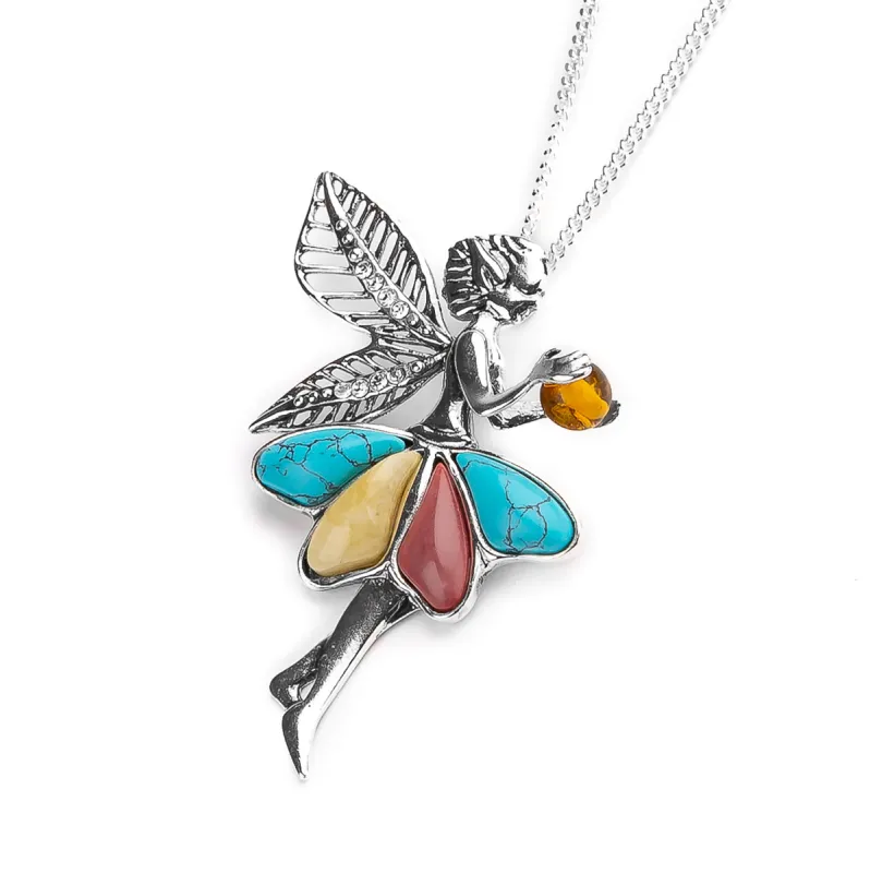 Fairy Necklace in Silver, Cognac Amber, Turquoise and Coral sold by Henryka