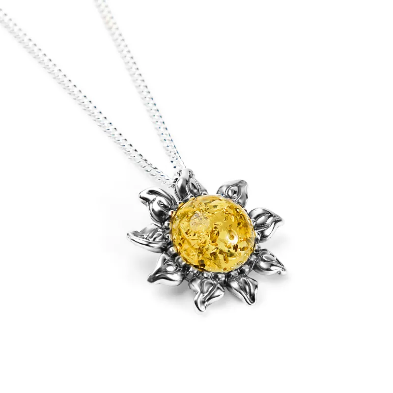Miniature Sunflower Necklace in Silver and Yellow Amber sold by Henryka