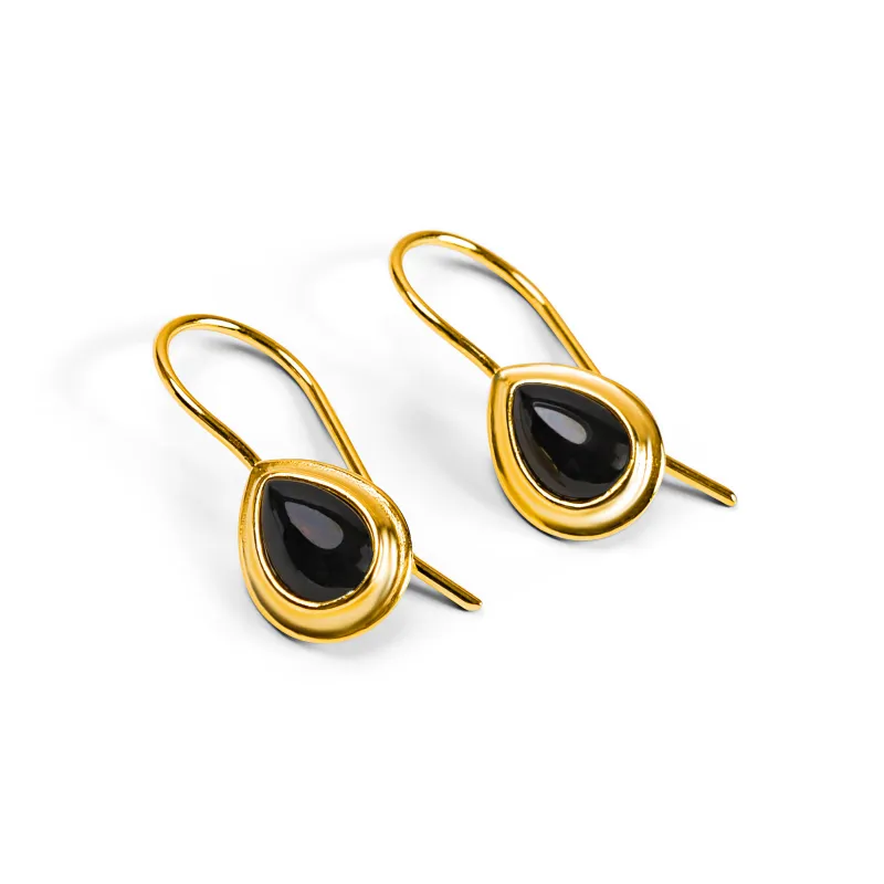 Classic Teardrop Hook Earrings in Silver with 24ct Gold & Black Onyx sold by Henryka