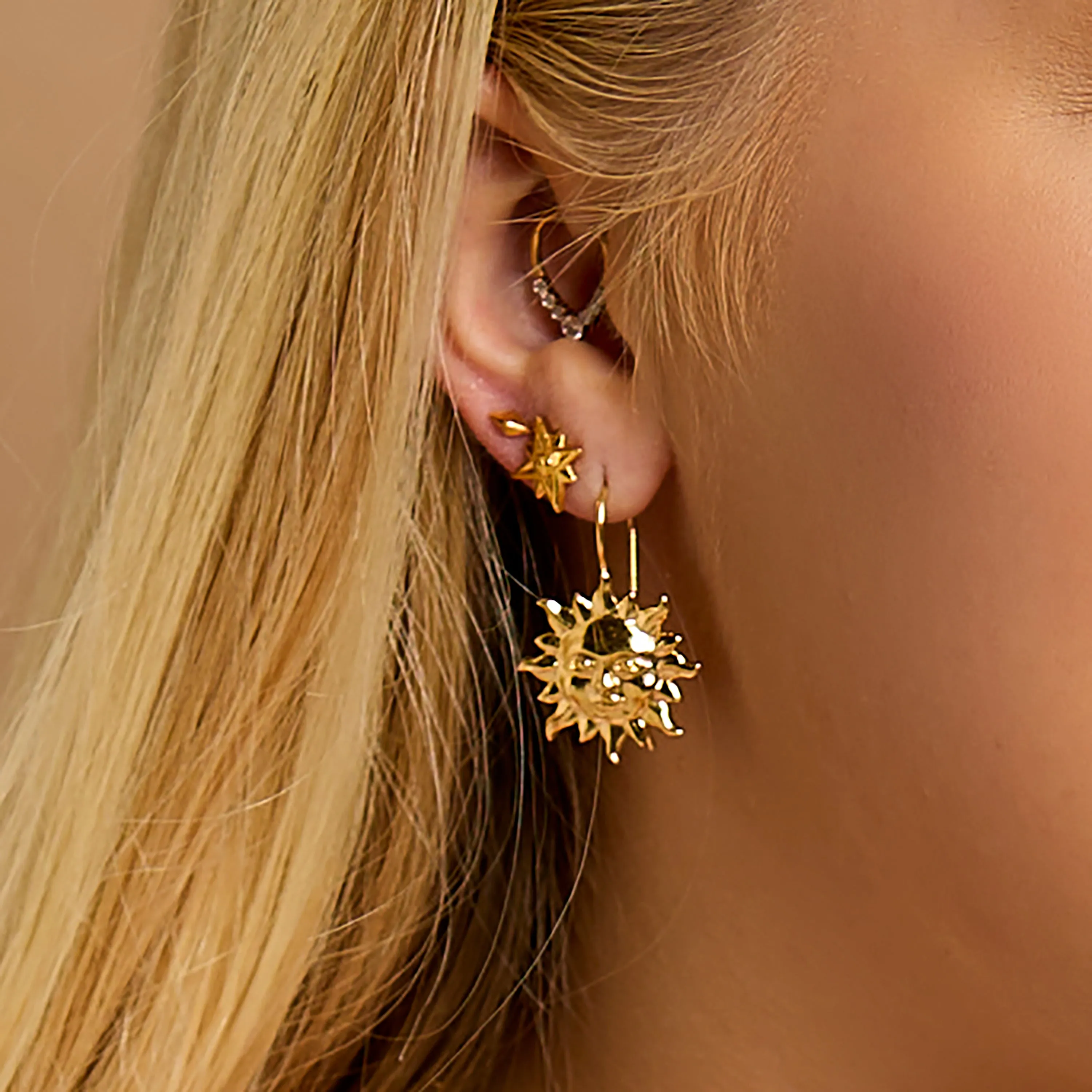 'Sun of May' Sun Face Hook Earrings in Silver with 24ct Gold sold by Henryka product image thumbnail 2