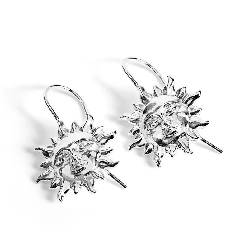 'Sun of May' Sun Face Hook Earrings in Silver sold by Henryka