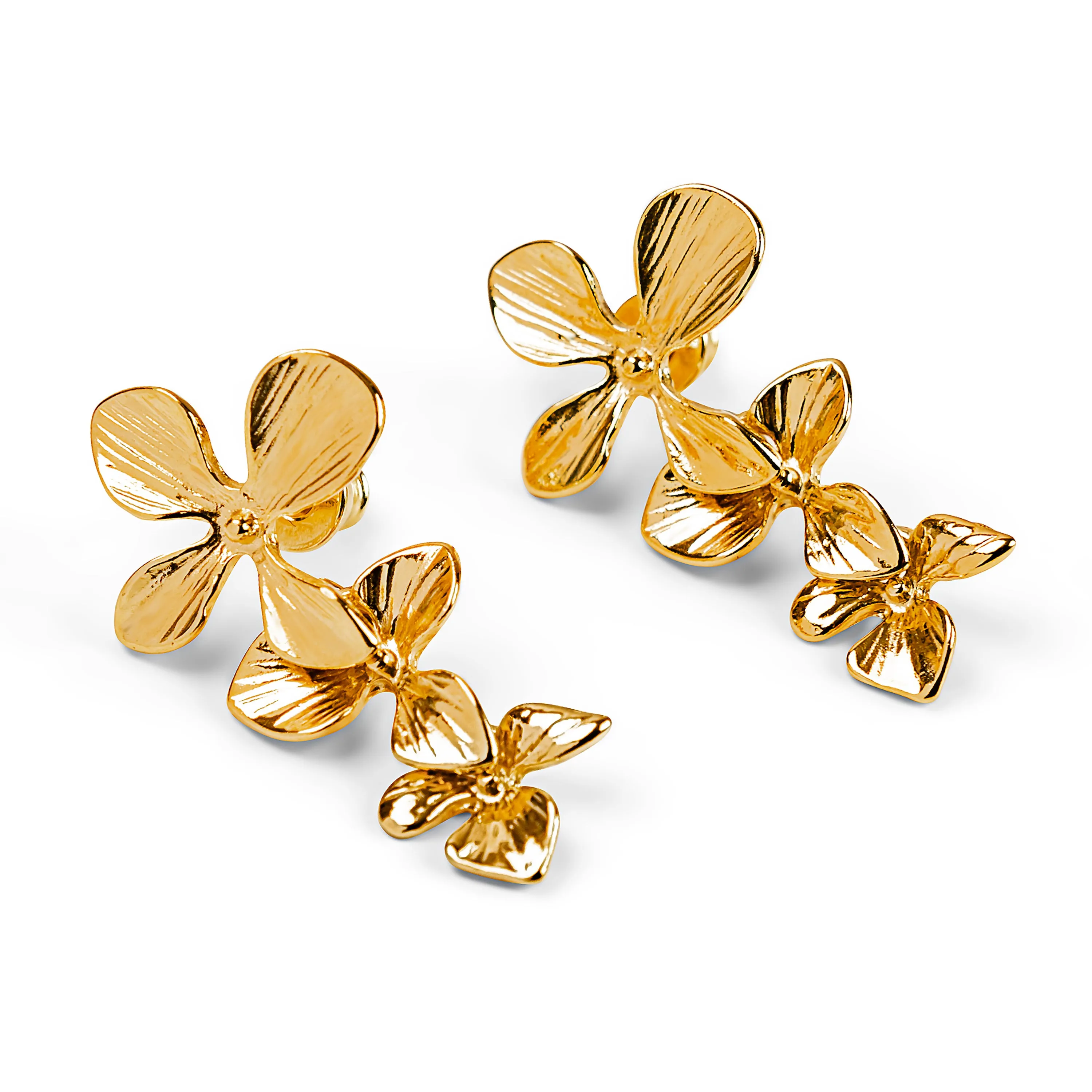 Trio of Orchids Flower Drop Earrings in Silver with 24ct Gold sold by Henryka