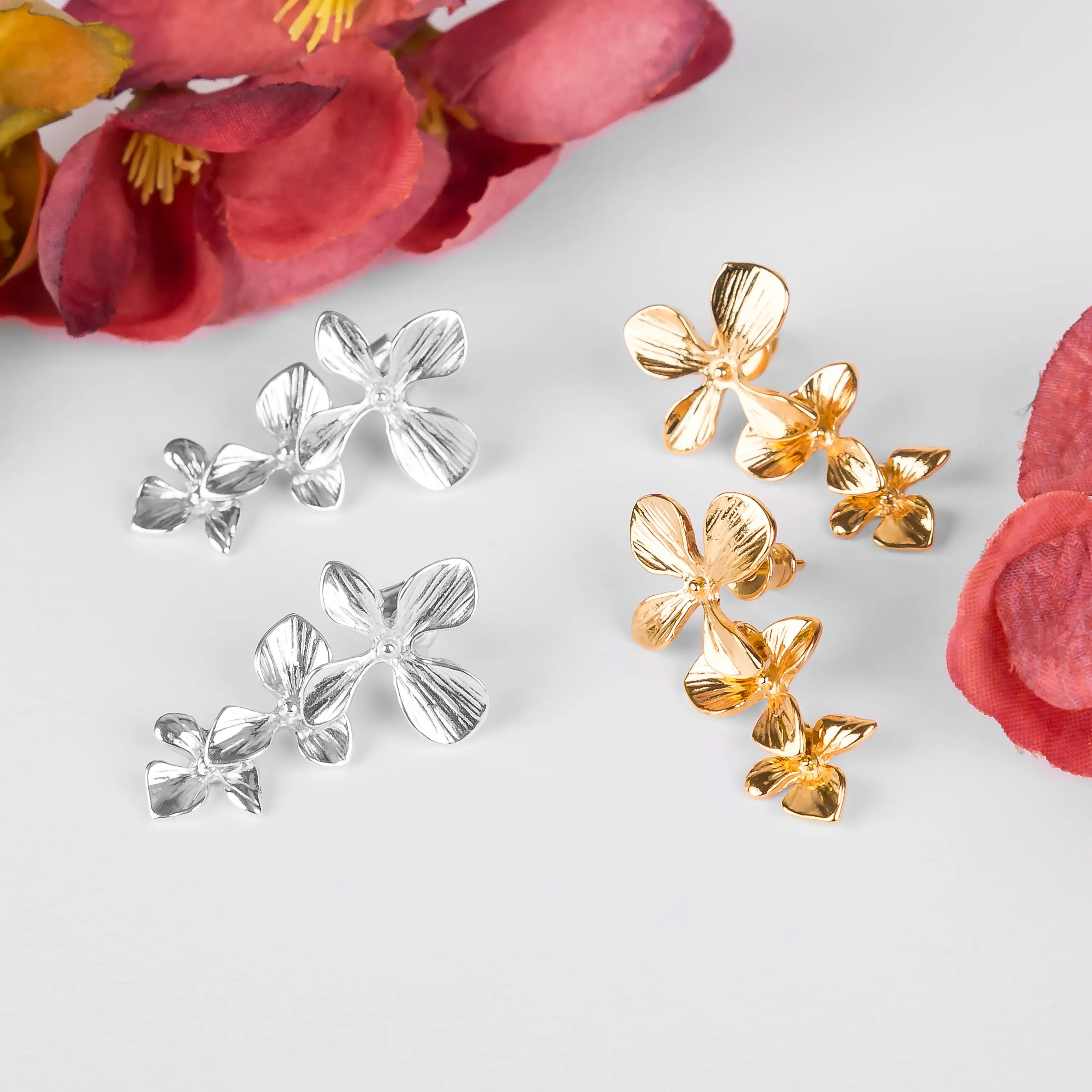 Trio of Orchids Flower Drop Earrings in Silver with 24ct Gold sold by Henryka product image thumbnail 3