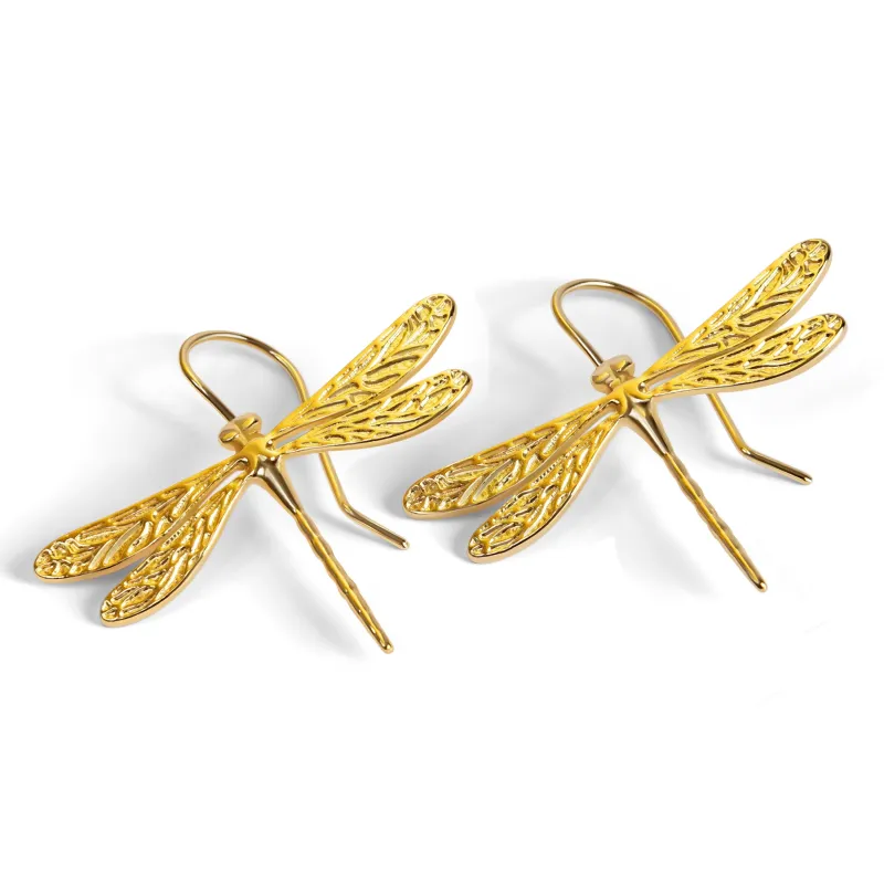 English Emperor Dragonfly Statement Hook Earrings in Silver with 24ct Gold sold by Henryka