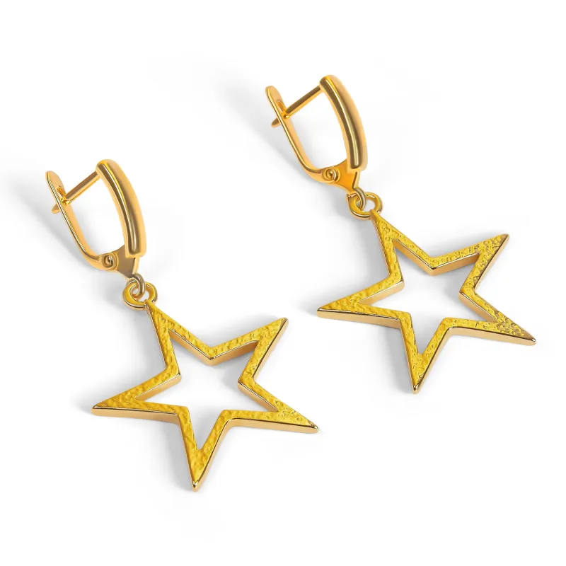 Textured Sparkling Star Drop Earrings in Silver with 24ct Gold sold by Henryka