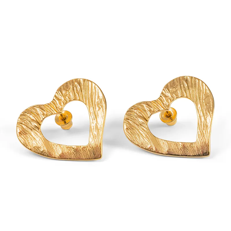 Statement Textured Open Heart Stud Earrings in Silver with 24ct Gold sold by Henryka
