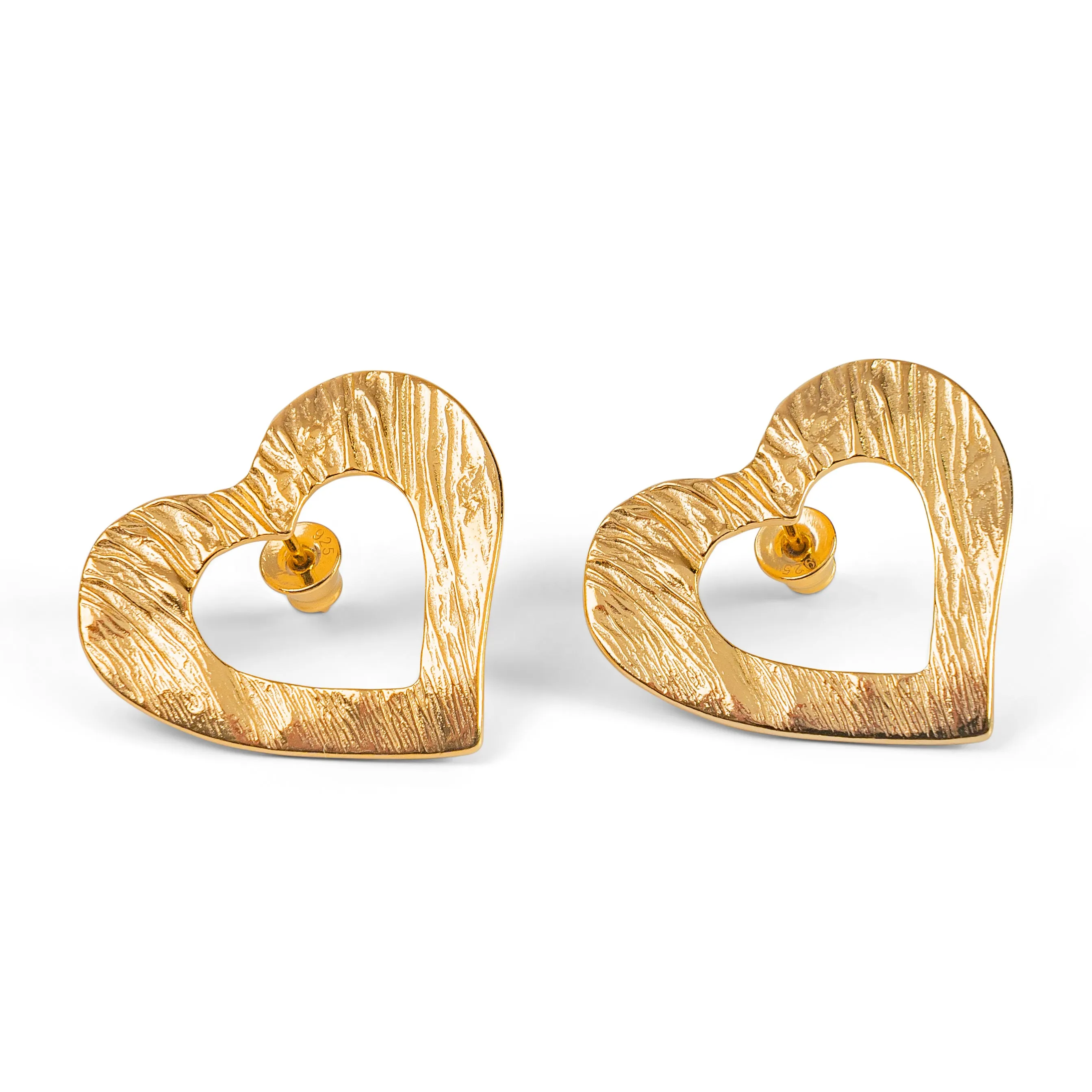 Statement Textured Open Heart Stud Earrings in Silver with 24ct Gold sold by Henryka