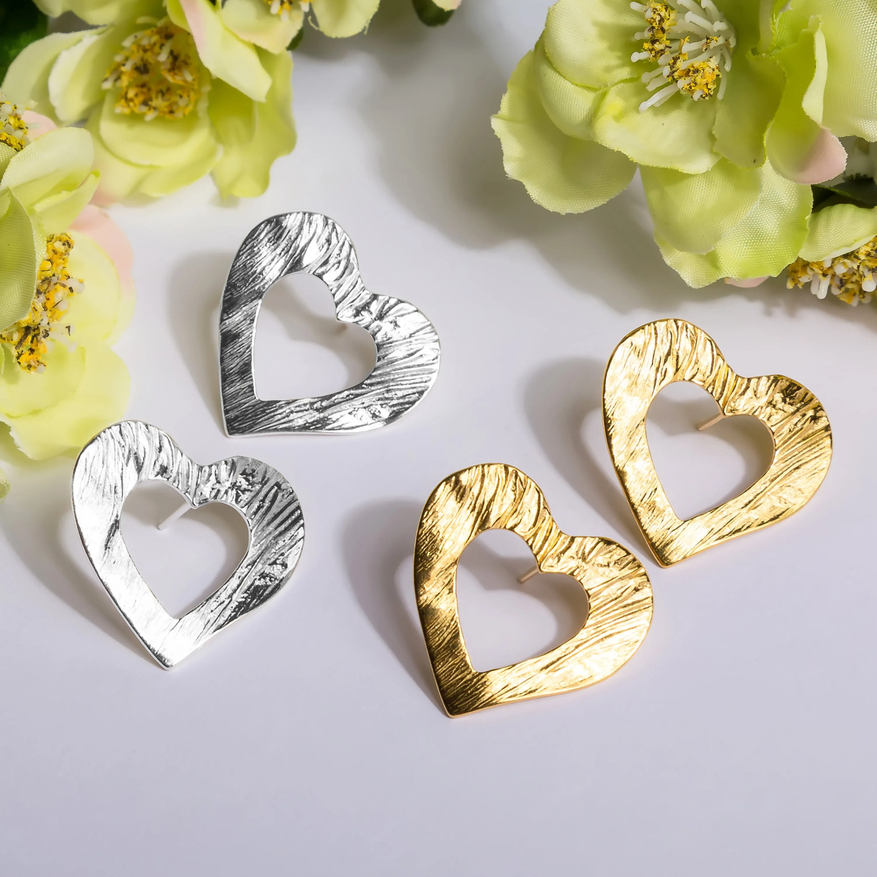 Statement Textured Open Heart Stud Earrings in Silver with 24ct Gold sold by Henryka product image thumbnail 5