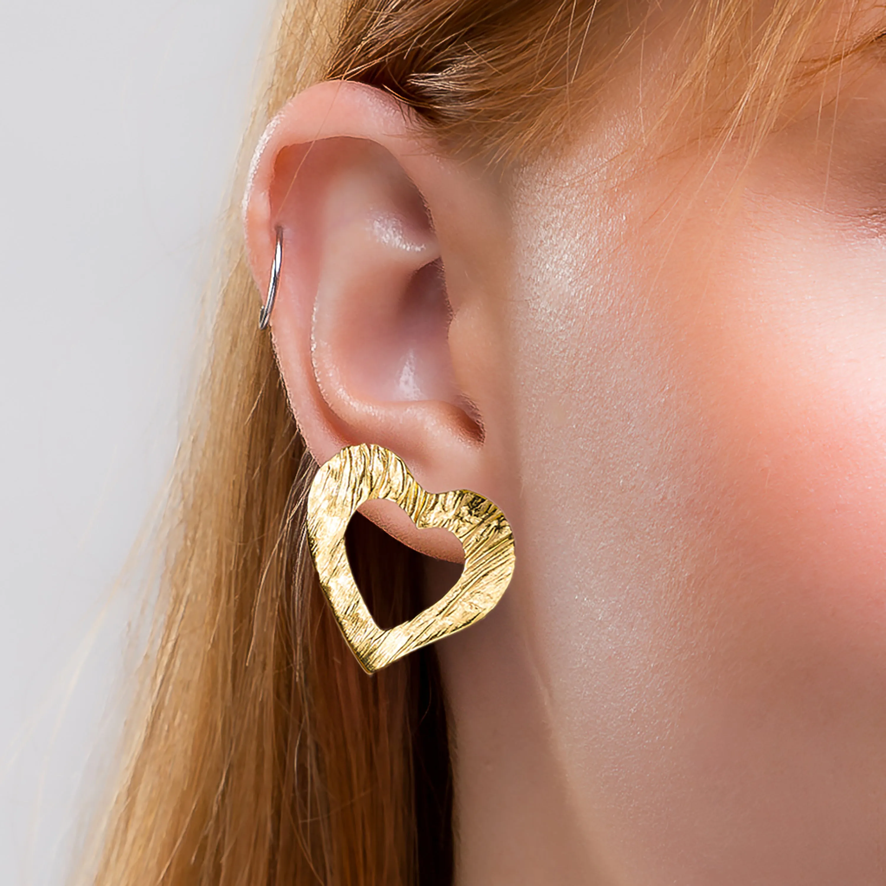 Statement Textured Open Heart Stud Earrings in Silver with 24ct Gold sold by Henryka product image thumbnail 2