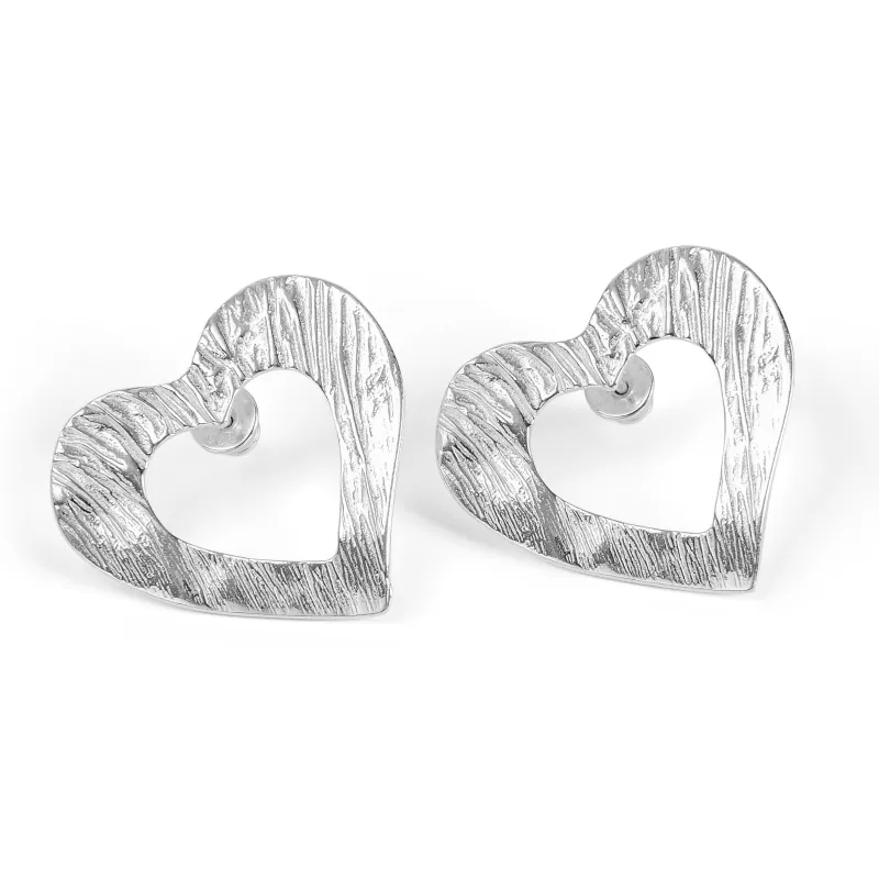Statement Textured Open Heart Stud Earrings in Silver sold by Henryka