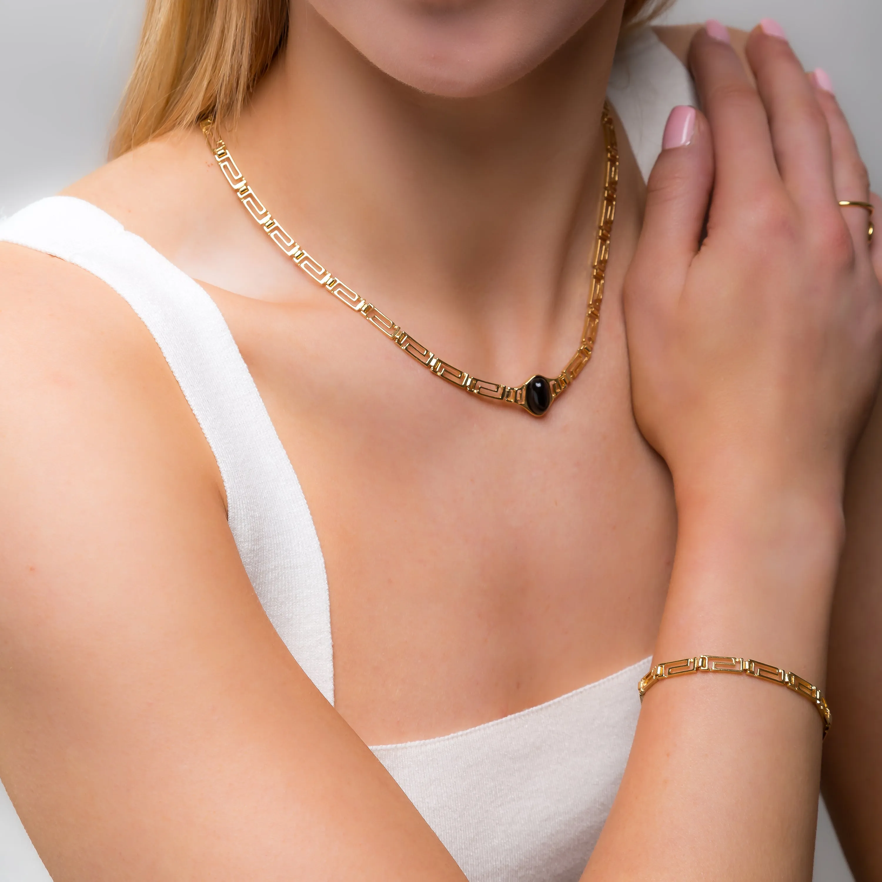 Versace Inspired Greek Necklace in Silver with 24ct Gold & Black Onyx sold by Henryka product image thumbnail 4