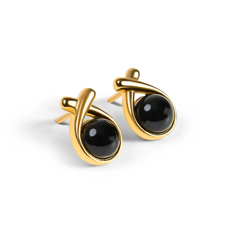 Sealed With A Kiss Stud Earrings in Silver with 24ct Gold & Black Onyx sold by Henryka