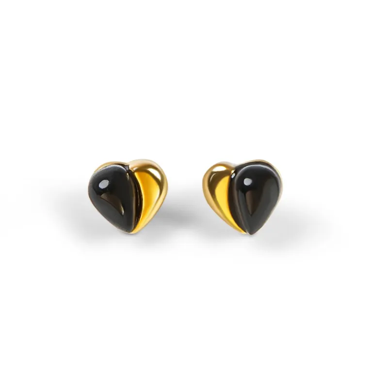Miniature Heart Earrings in Silver with 24ct Gold and Black Onyx sold by Henryka