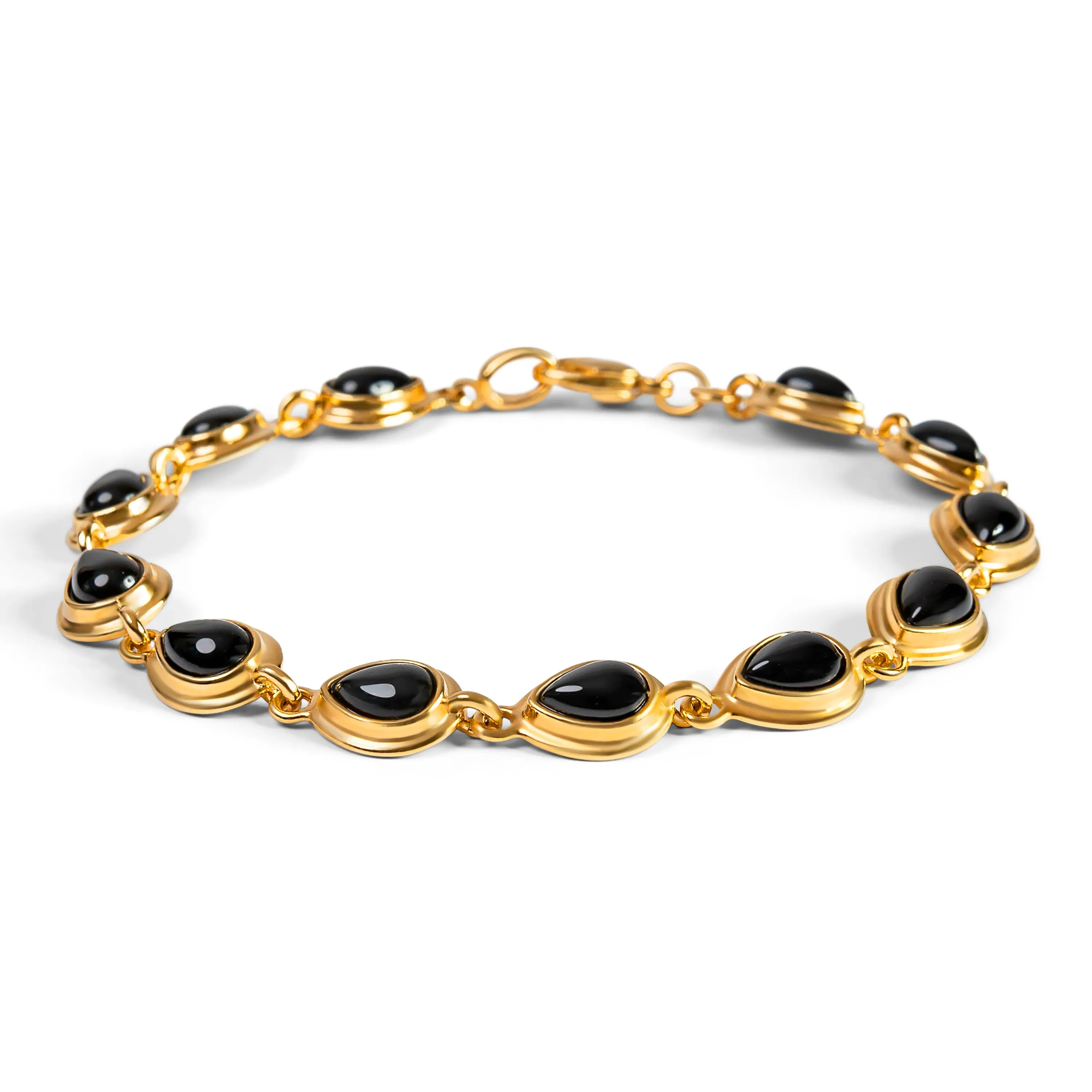Classic Teardrop Link Bracelet in Silver with 24ct Gold and Black Onyx sold by Henryka