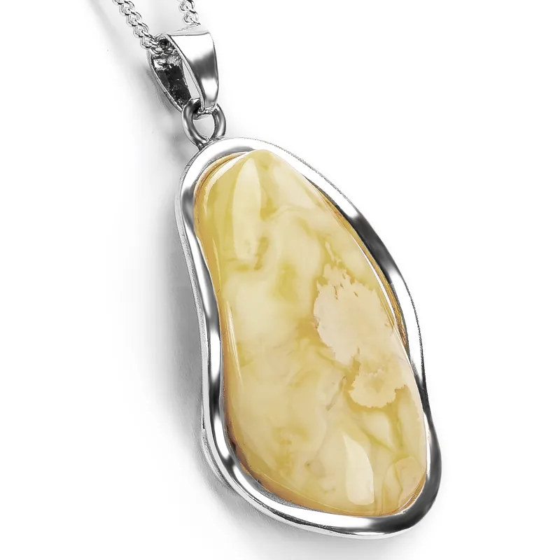 Oval Milky Baltic Amber and Silver Necklace - Natural Designer Gemstone sold by Henryka