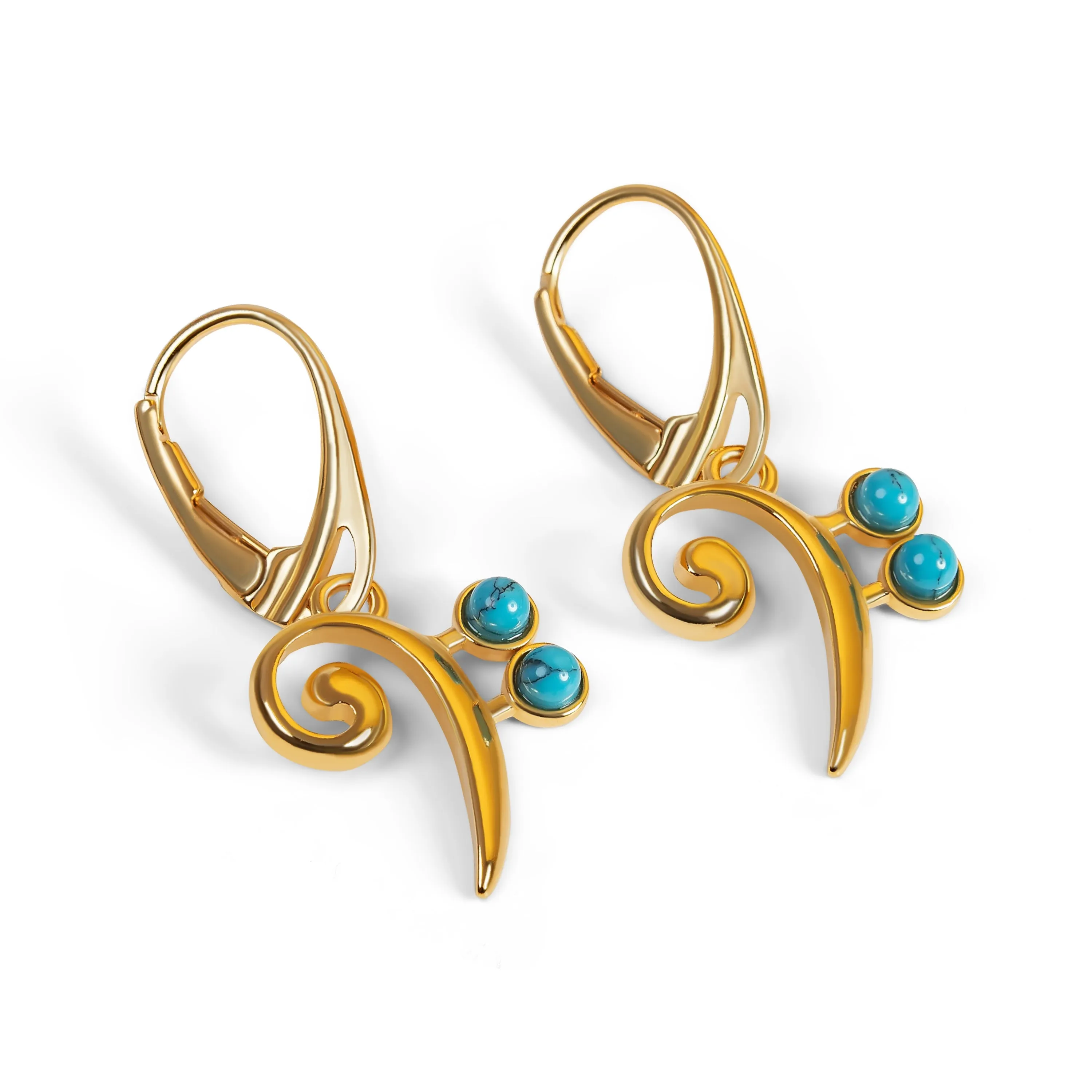 Bass Clef Music Note Drop Earrings in Silver with 24ct Gold & Turquoise sold by Henryka