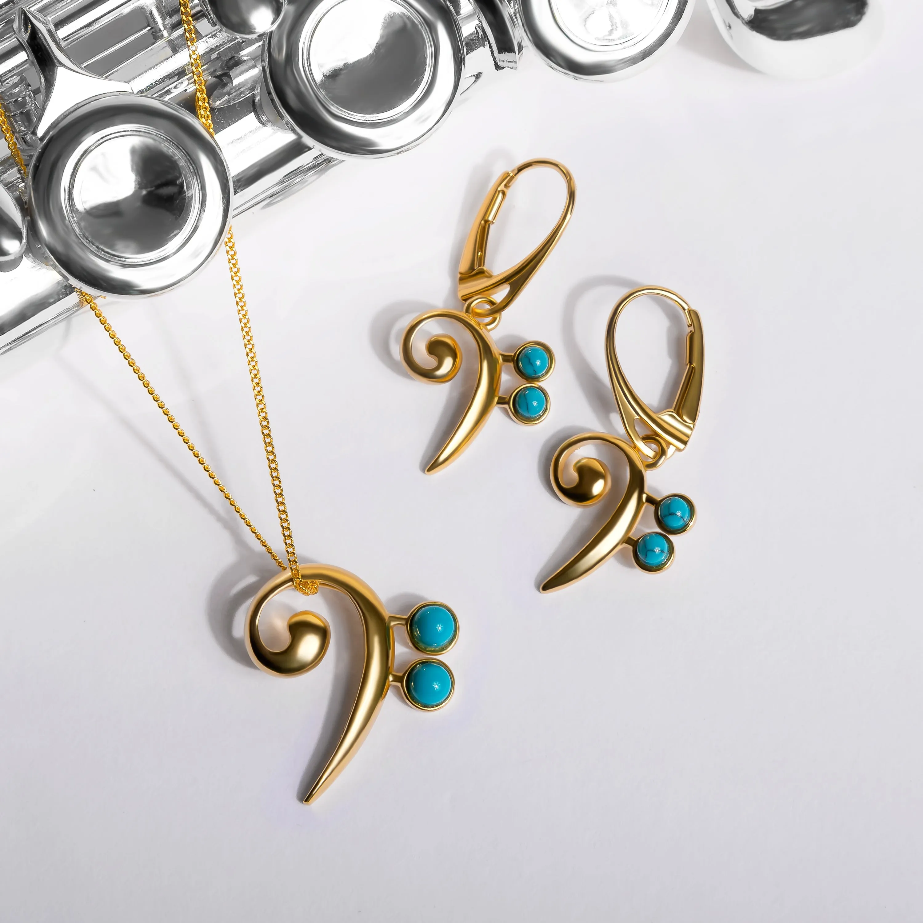 Bass Clef Music Note Drop Earrings in Silver with 24ct Gold & Turquoise sold by Henryka product image thumbnail 5