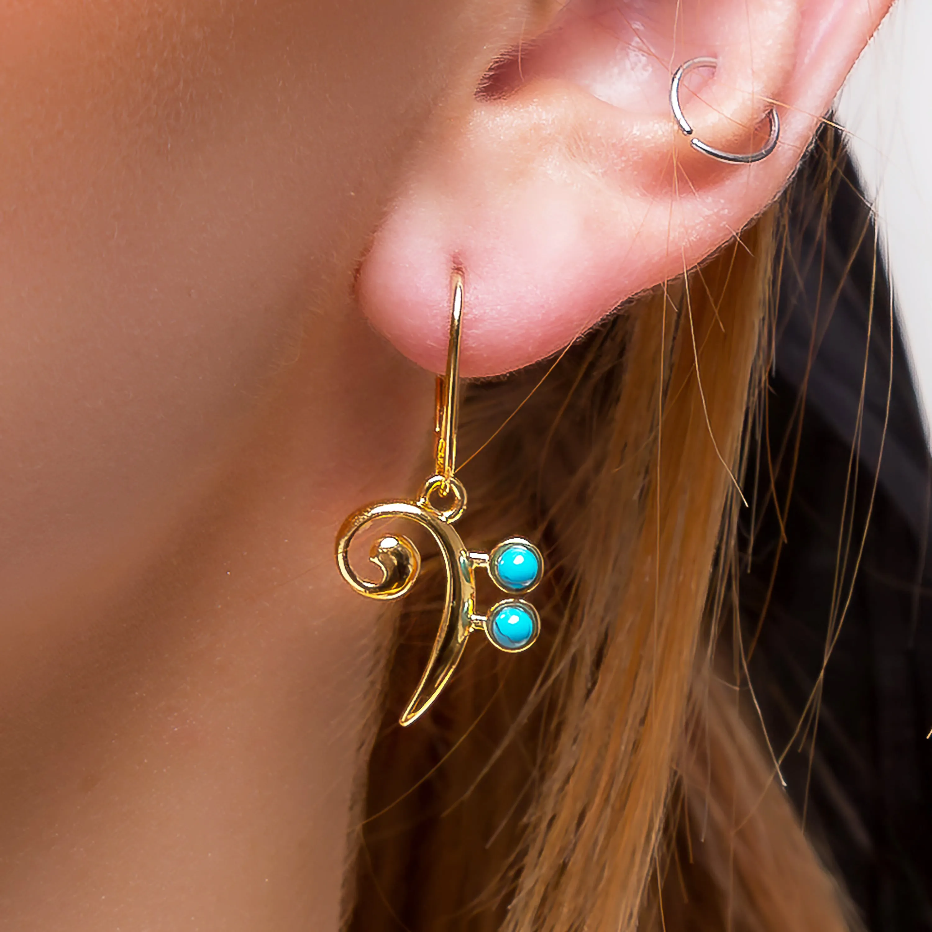 Bass Clef Music Note Drop Earrings in Silver with 24ct Gold & Turquoise sold by Henryka product image thumbnail 2