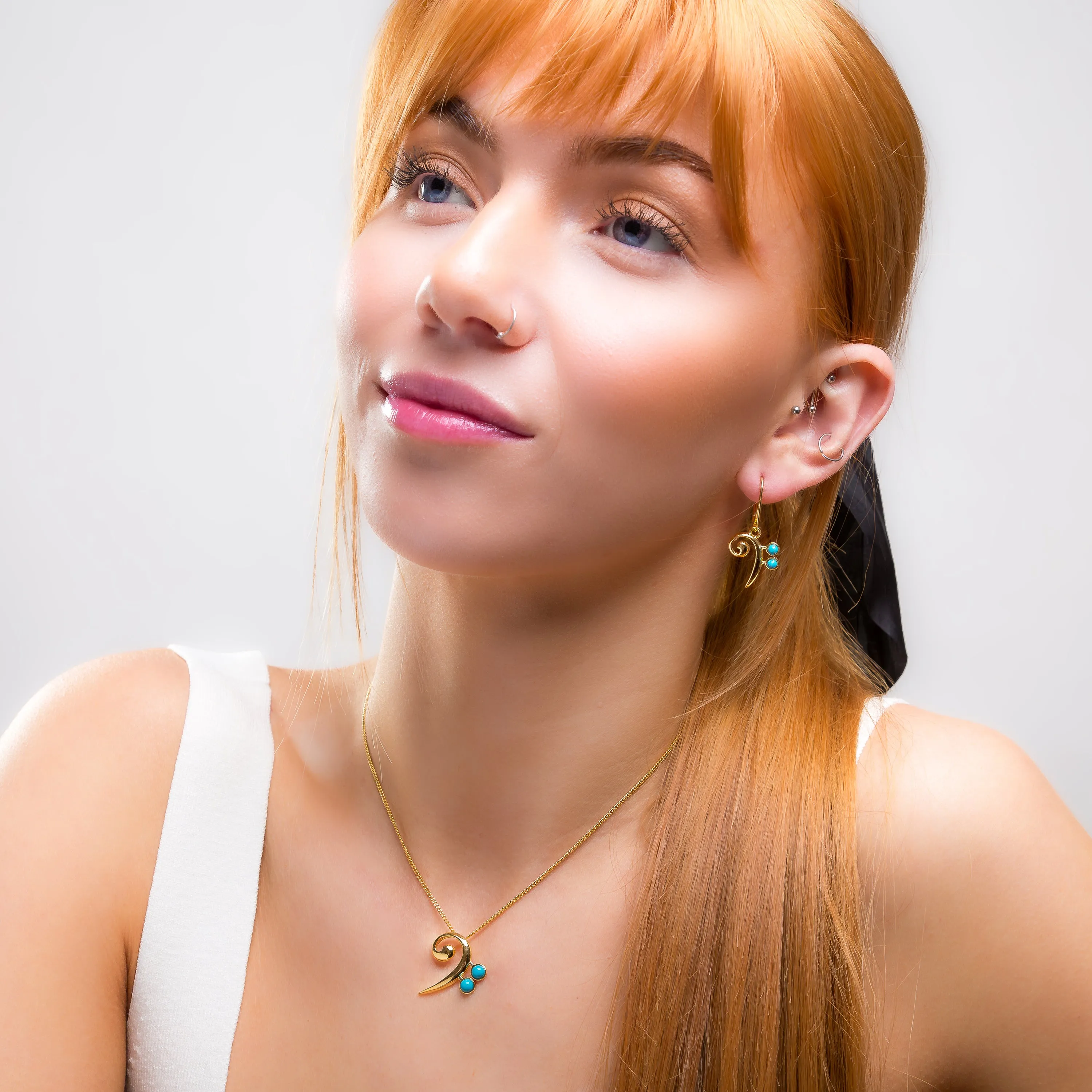 Bass Clef Music Note Drop Earrings in Silver with 24ct Gold & Turquoise sold by Henryka product image thumbnail 4