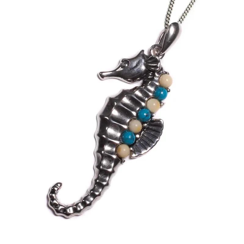 Seahorse Necklace in Silver, Turquoise and Amber sold by Henryka