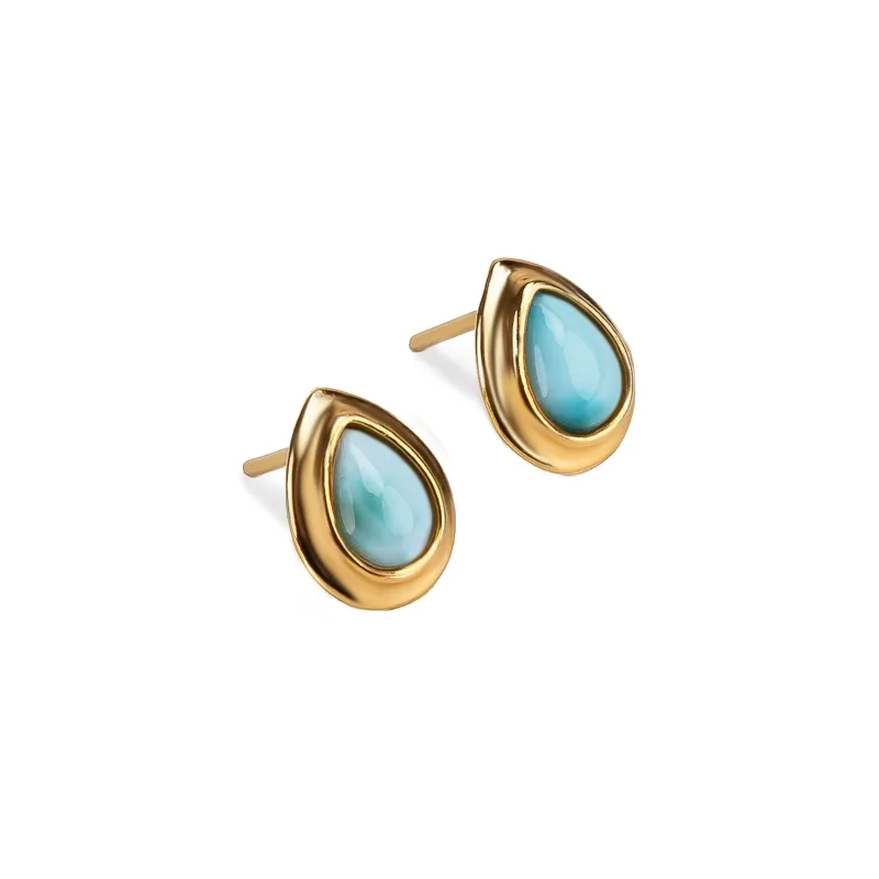 Classic Teardrop Stud Earrings in Silver 24ct Gold and Larimar sold by Henryka