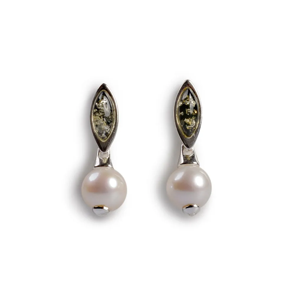 Marquise Pearl Drop Earrings in Silver and Green Amber sold by Henryka