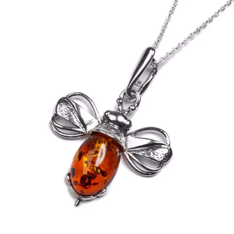 Miniature Bumble Bee Necklace in Silver and Cognac Amber sold by Henryka