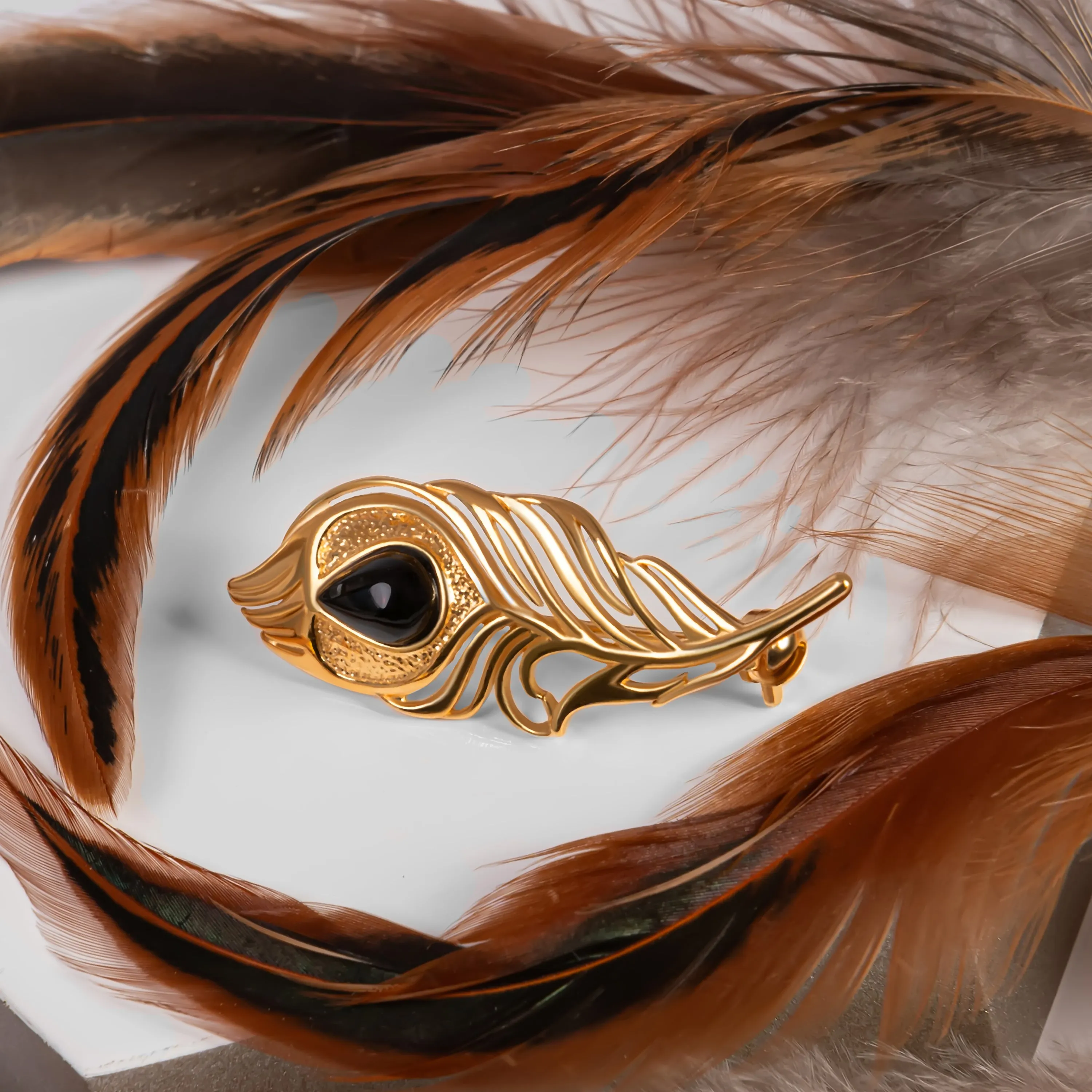 Peacock Feather Brooch in Silver with 24ct Gold & Black Onyx sold by Henryka product image thumbnail 2
