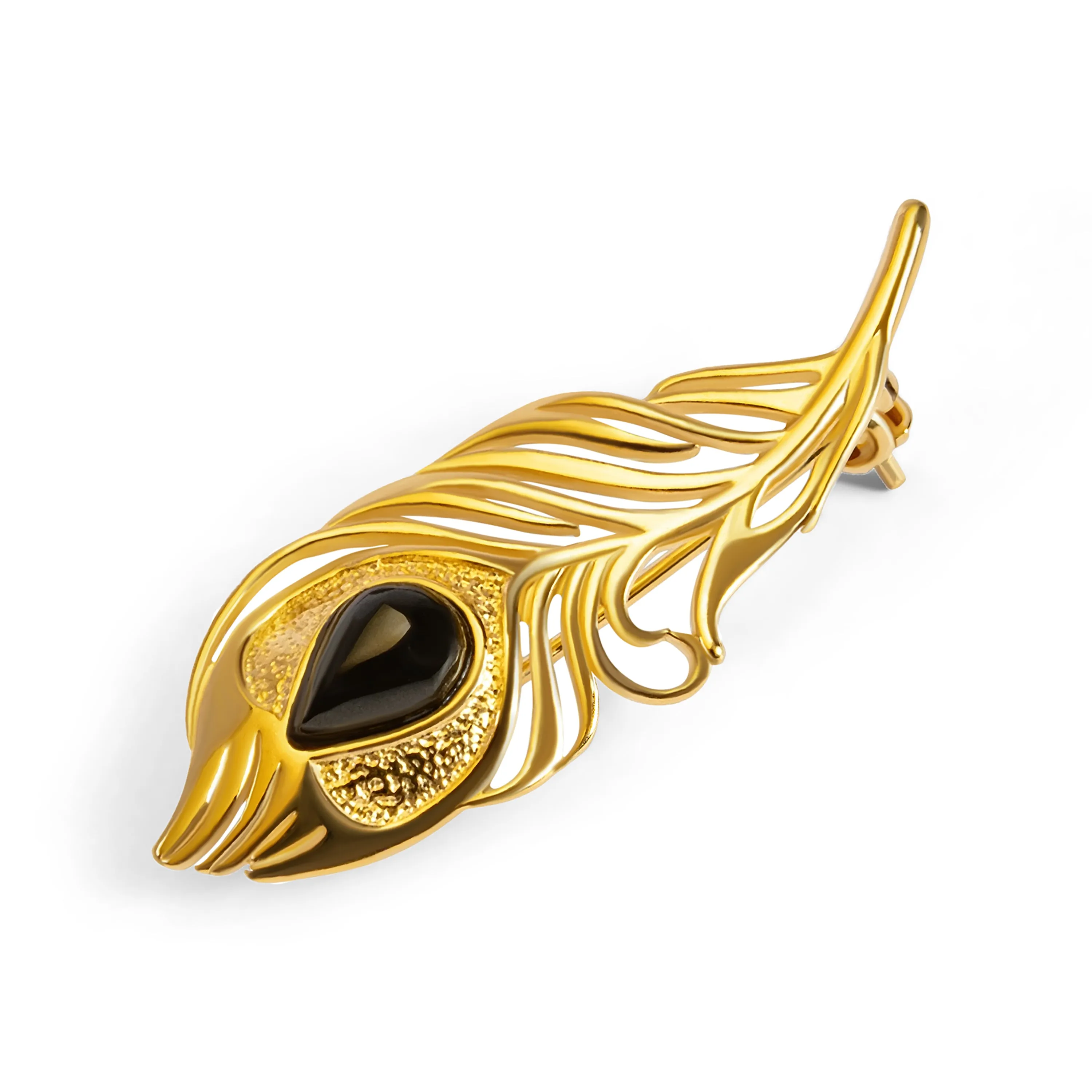 Peacock Feather Brooch in Silver with 24ct Gold & Black Onyx sold by Henryka