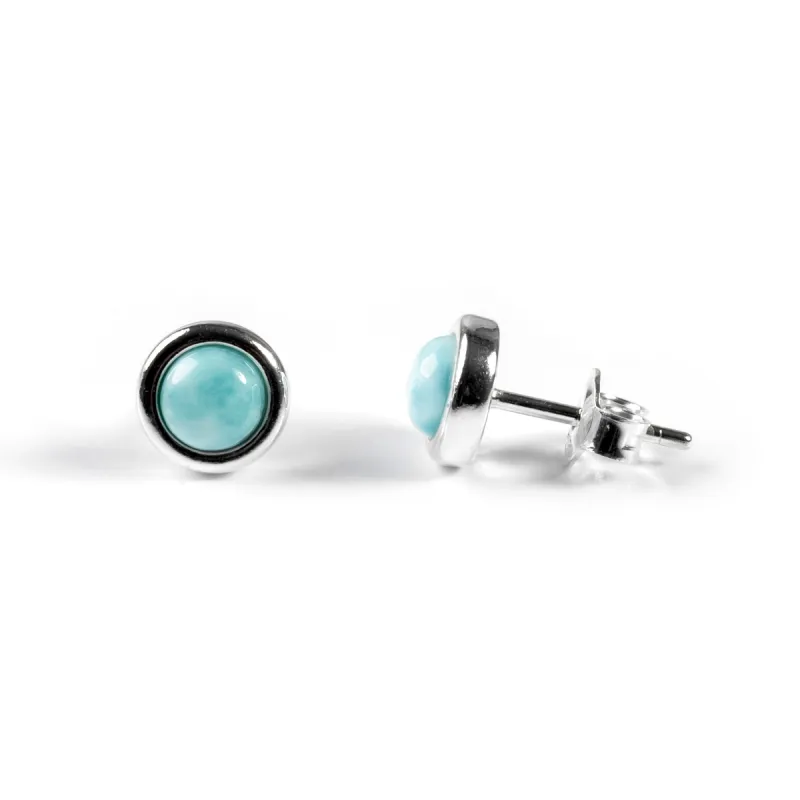 Small Round Stud Earrings in Silver and Larimar sold by Henryka