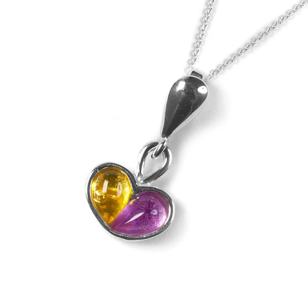 Heart Necklace in Silver, Amethyst and Yellow Amber sold by Henryka