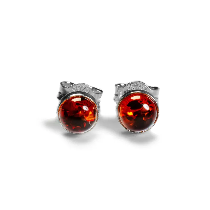Circle Stud Earrings in Silver and Cognac Amber sold by Henryka