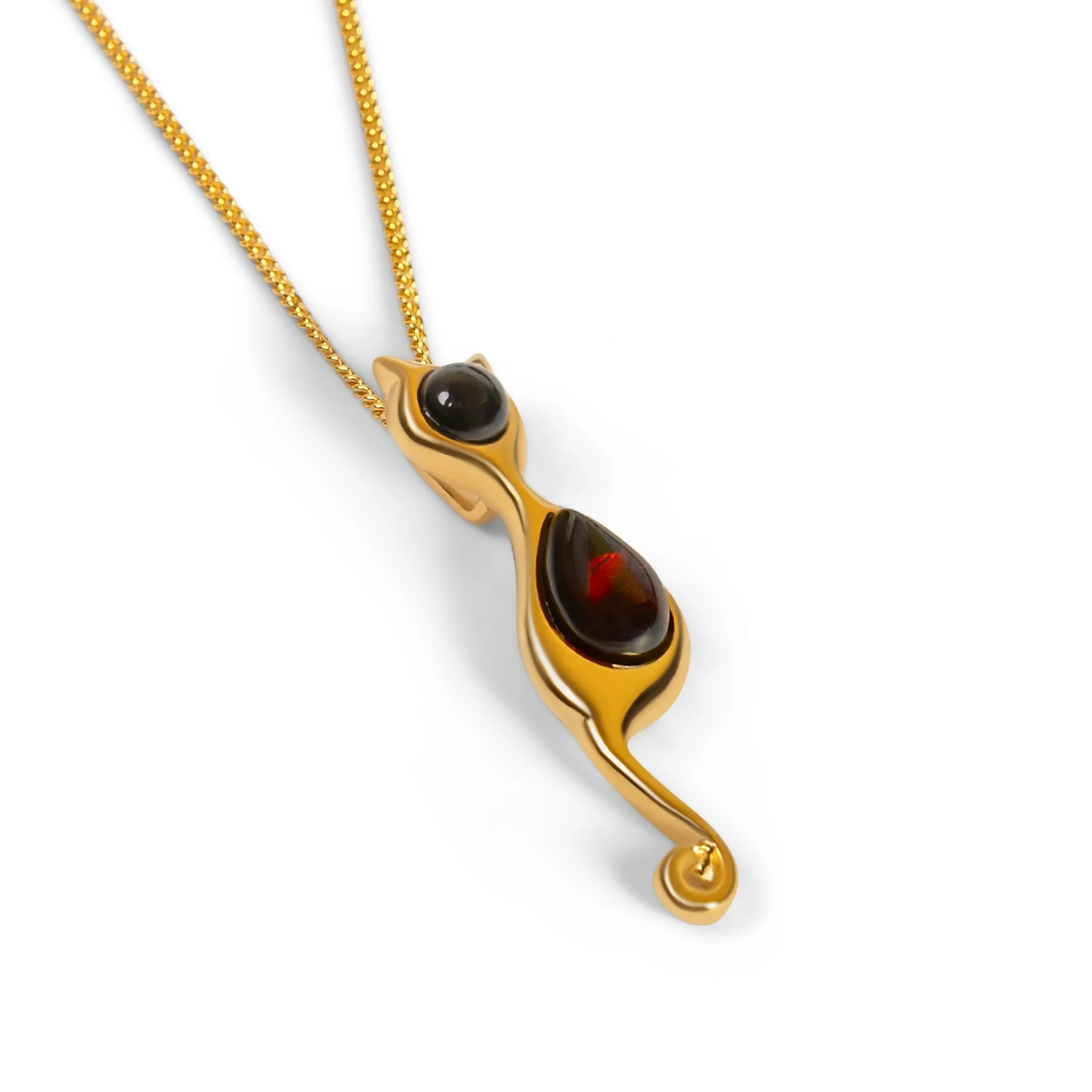 Black Cat Necklace in Silver with 24ct Gold and Amber sold by Henryka
