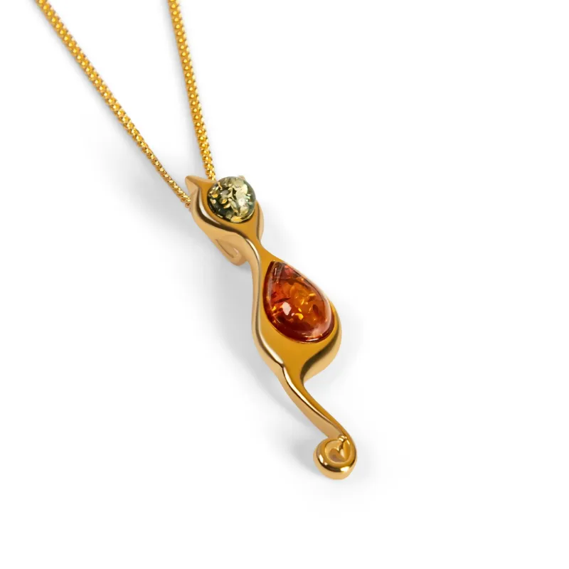 Cat Necklace in Silver with 24ct Gold and Amber sold by Henryka