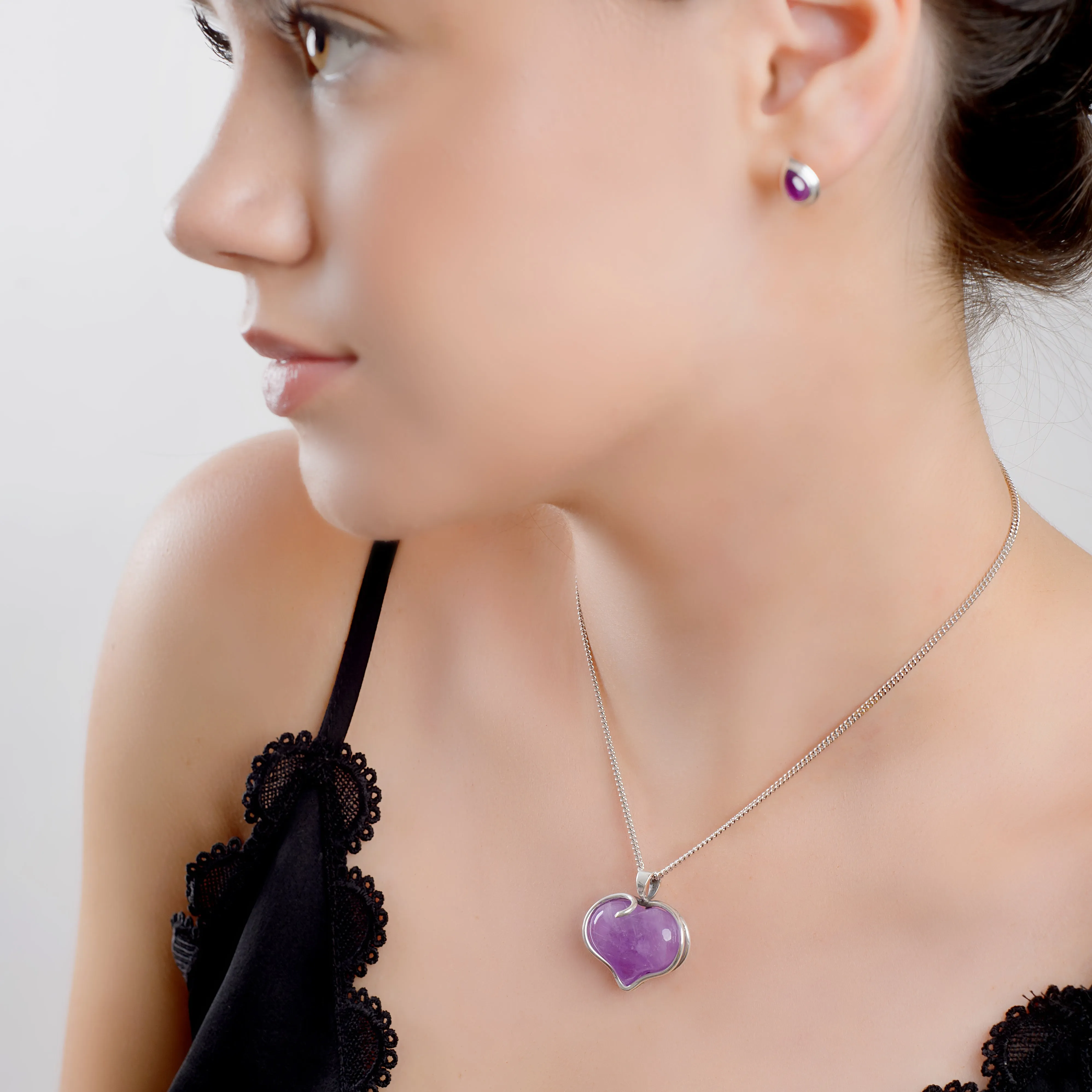 Romantic Love Heart Necklace in Silver & Amethyst sold by Henryka product image thumbnail 2