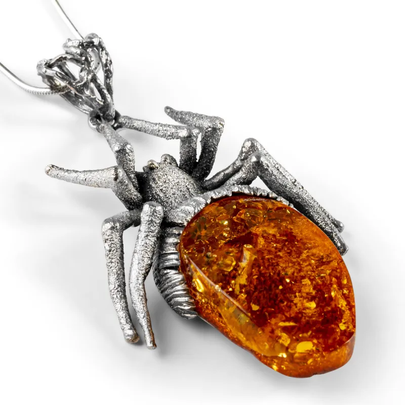 Mysterious Handmade Spider Necklace in Silver and Amber sold by Henryka