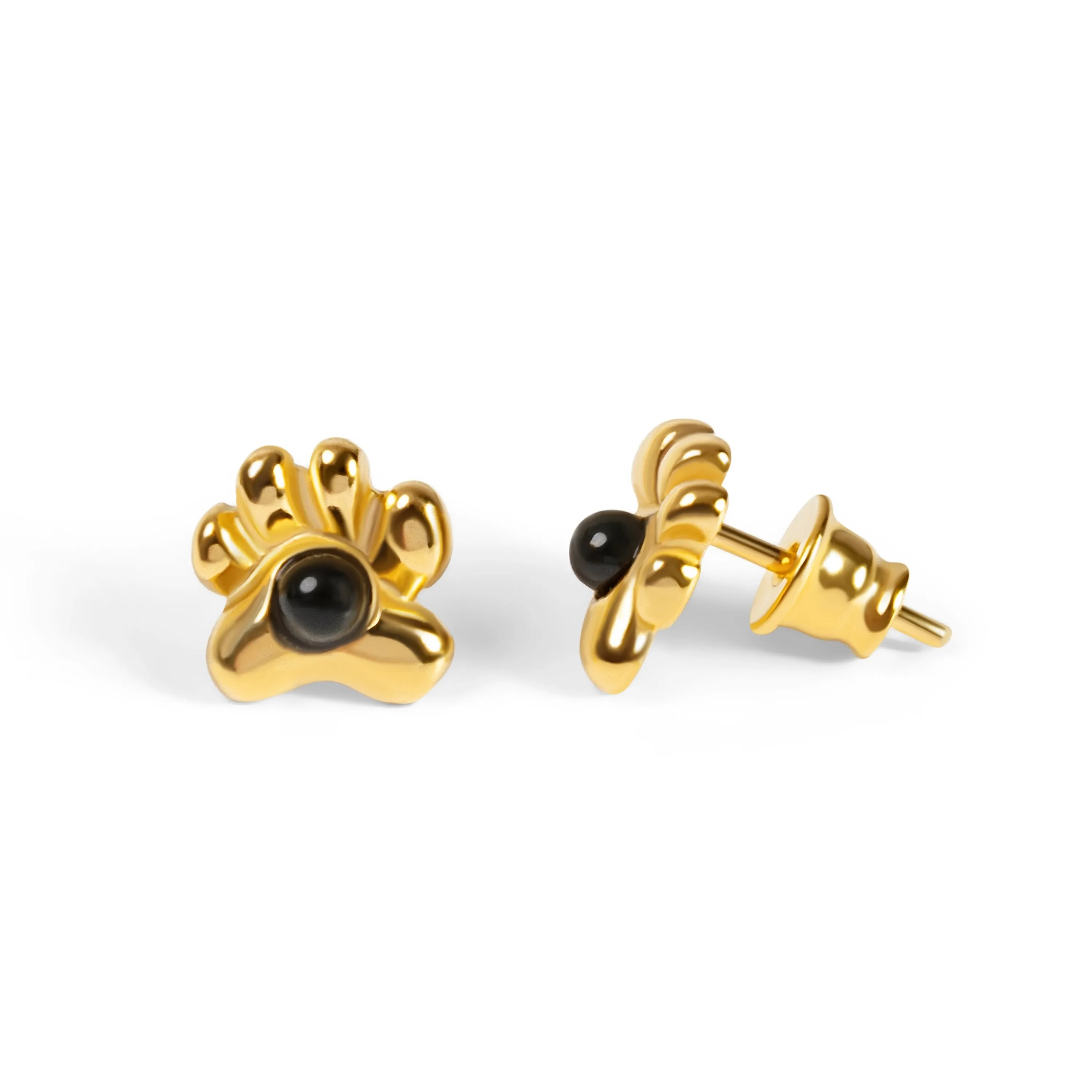Paw Print Stud Earrings in Silver with 24ct Gold & Black Onyx sold by Henryka