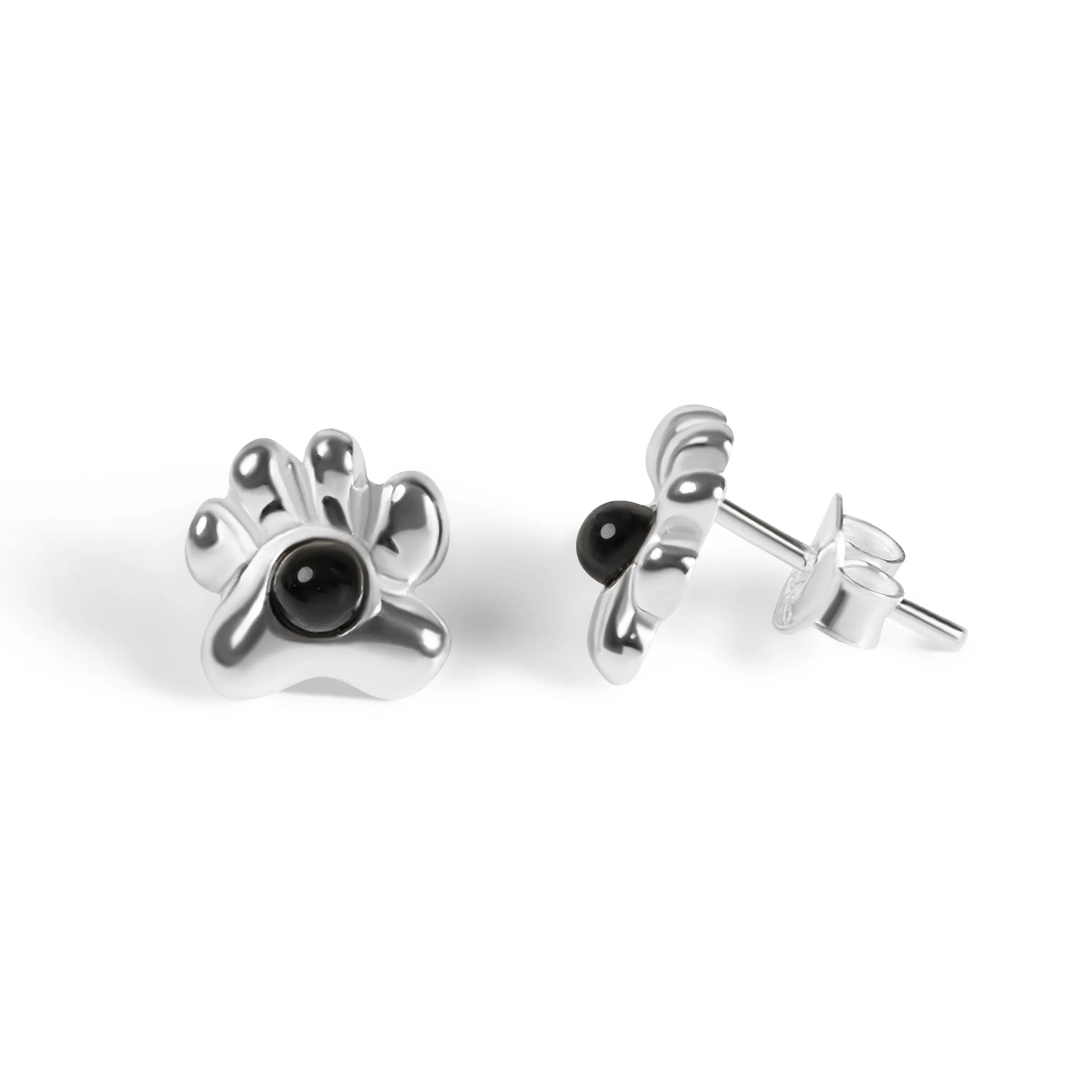 Paw Print Stud Earrings in Silver and Black Onyx sold by Henryka