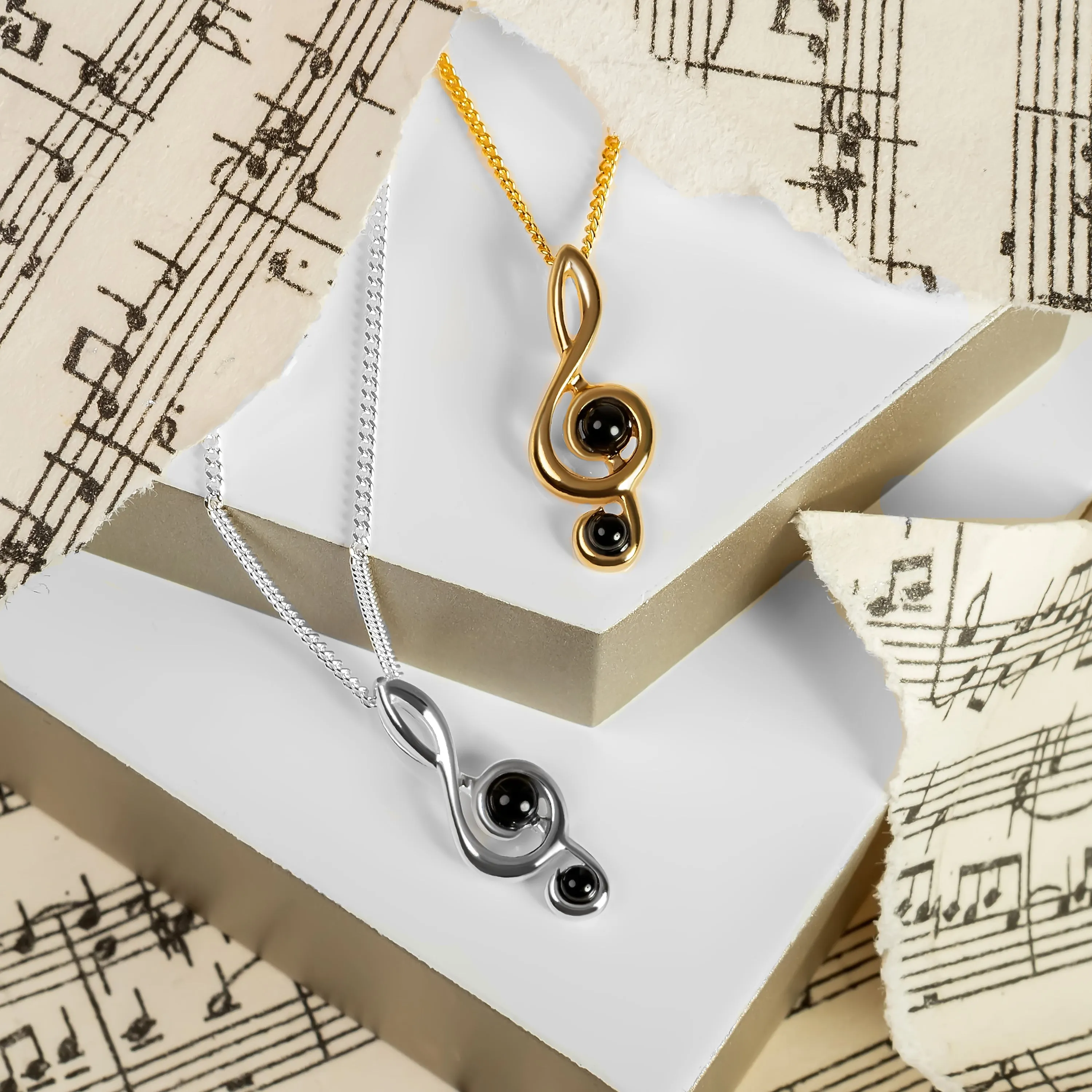 Musical Treble Clef Necklace in Silver with 24ct Gold and Black Onyx sold by Henryka product image thumbnail 3